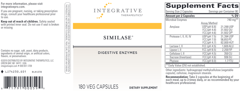 Similase Capsules Integrative Therapeutics 180ct Label