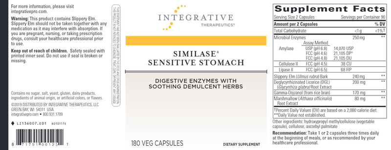Similase Sensitive Stomach (Integrative Therapeutics) 180ct label