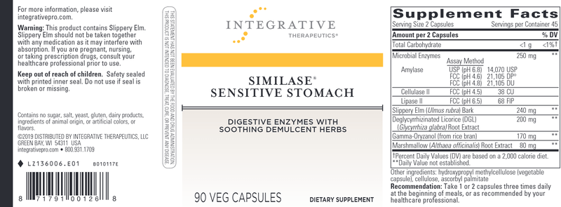 Similase Sensitive Stomach (Integrative Therapeutics) Label