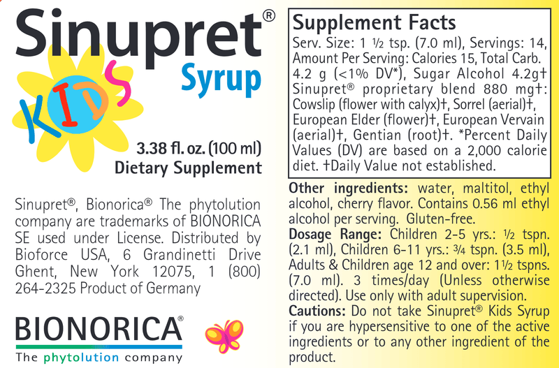 Sinupret Kids Syrup (Bionorica) Label