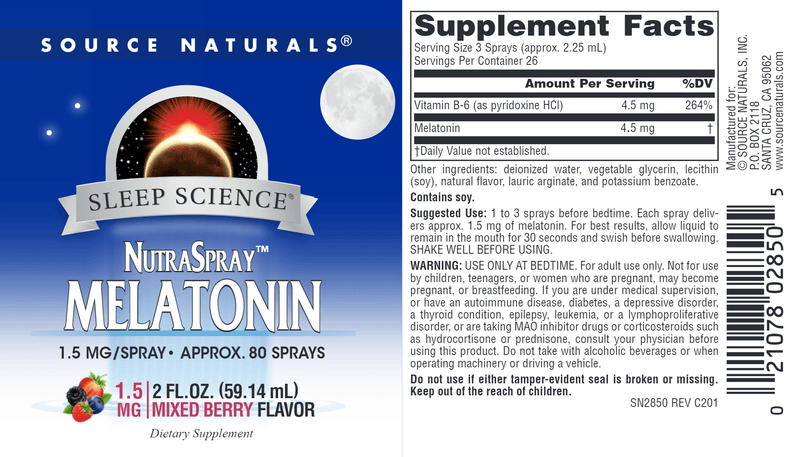 Sleep Science Melatonin NutraSpray Mixed Berry (Source Naturals) Label