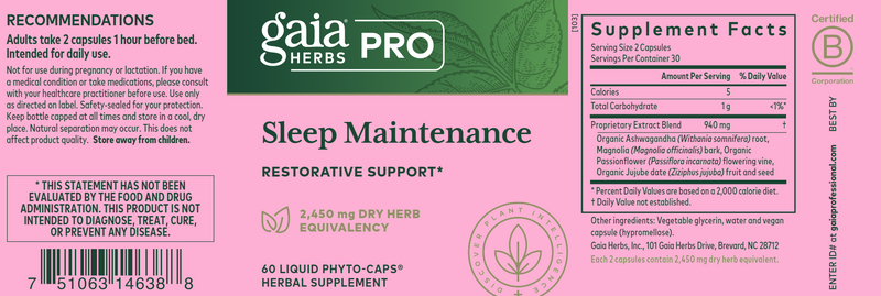 sleep maintenance gaia herbs pro label