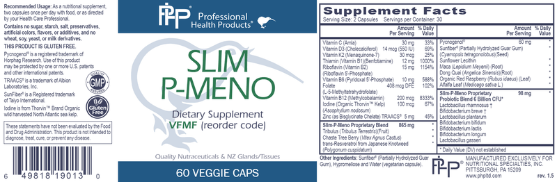 Slim P-Meno Professional Health Products Label