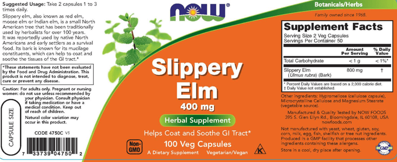Slippery Elm 400 mg (NOW) Label