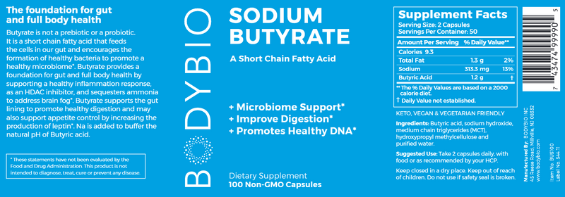 Sodium Butyrate (BodyBio) label
