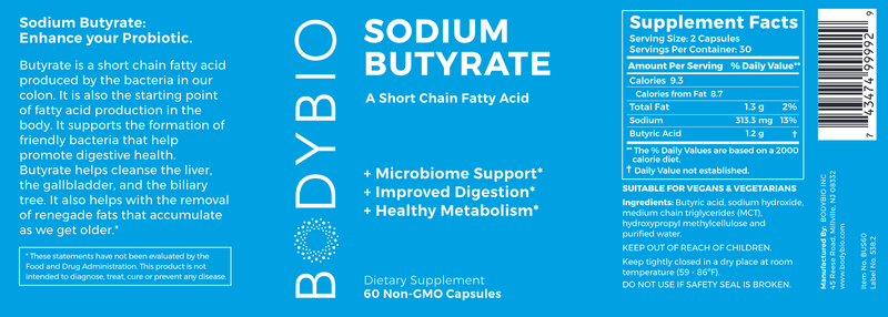 Sodium Butyrate 600 mg (BodyBio) Label