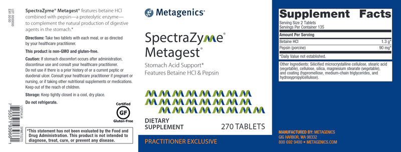 SpectraZyme Metagest (Metagenics) 270ct Label