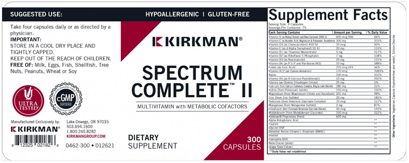 Spectrum Complete™ II Multivitamin with Metabolic Cofactors (Kirkman Labs) Label