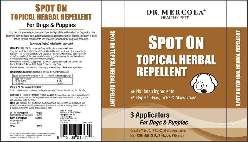 Spot On Herbal Repellent Dogs (Dr. Mercola) Label