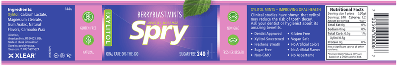 Spry Xylitol Mints Berry Blast (Xlear) Label