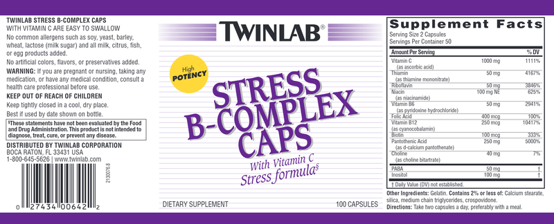 Stress B-Complex with Vitamin C Twinlab 100 Caps Label
