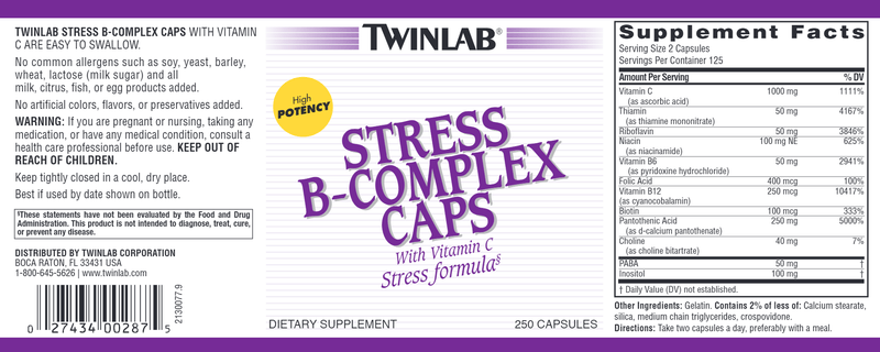 Stress B-Complex with Vitamin C Twinlab 250 Caps Label
