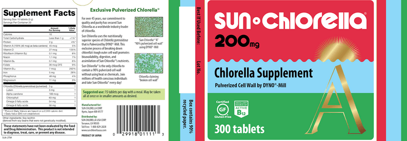 Sun Chlorella 200 mg (Sun Chlorella USA) Label