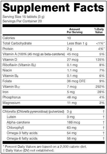 Sun Chlorella 200 mg (Sun Chlorella USA) Supplement Facts