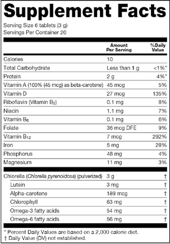 Sun Chlorella 500 mg 120ct (Sun Chlorella USA) Supplement Facts