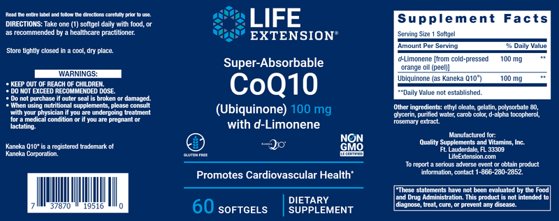 Super-Absorbable CoQ10 (Ubiquinone) with d-Limonene 100 mg (Life Extension) Label