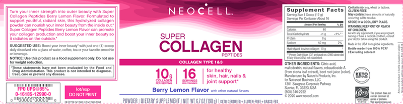 Super Collagen Peptides Berry Lemon (Neocell) Label