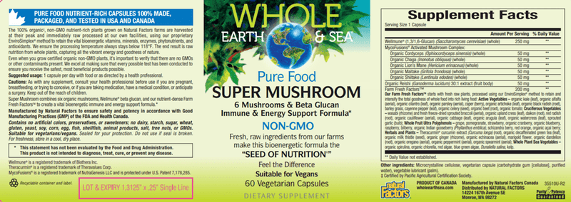 Super Mushroom (Whole Earth and Sea Natural Factors) Label