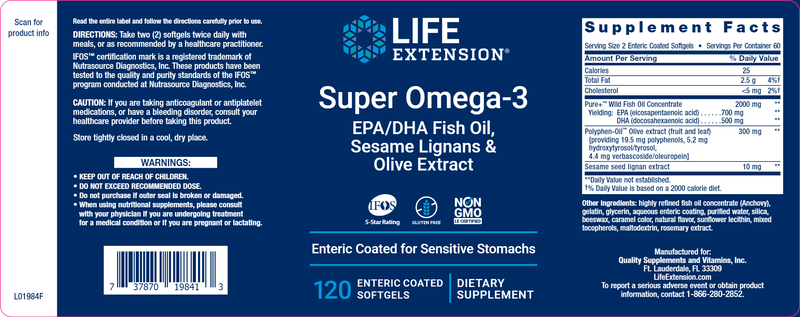 Super Omega-3 EPA/DHA Fish Oil, Sesame Lignans & Olive Extract 120ct (Life Extension) Label