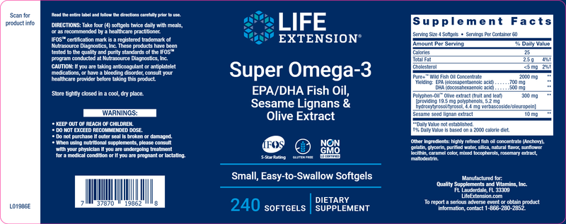 Super Omega-3 EPA/DHA Fish Oil, Sesame Lignans & Olive Extract 240 easy-to-swallow (Life Extension) Label