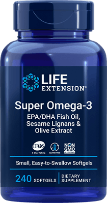 Super Omega-3 EPA/DHA Fish Oil, Sesame Lignans & Olive Extract 240 easy-to-swallow (Life Extension) Front