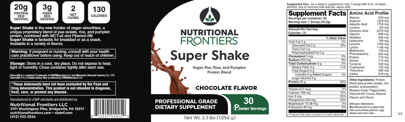 Super Shake Chocolate (Nutritional Frontiers) Label