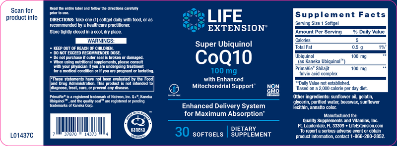 Super Ubiquinol CoQ10 with Enhanced Mitochondrial Support™ 100mg (Life Extension) Label