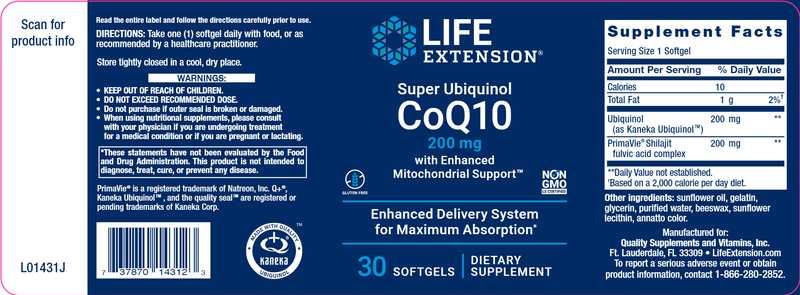 Super Ubiquinol CoQ10 with Enhanced Mitochondrial Support™ (Life Extension) Label