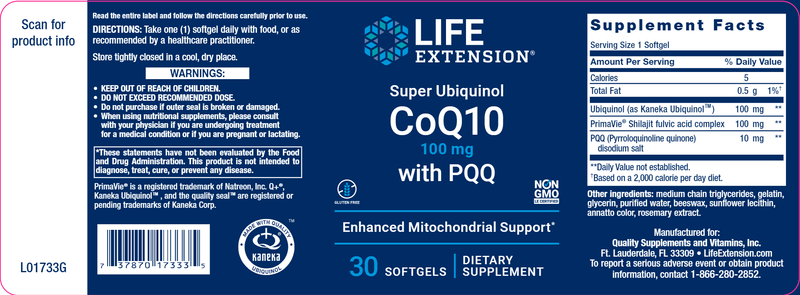 Super Ubiquinol CoQ10 with PQQ (Life Extension) Label