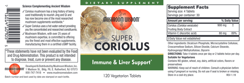 Super Coriolus 900 mg (Mushroom Wisdom, Inc.) Label