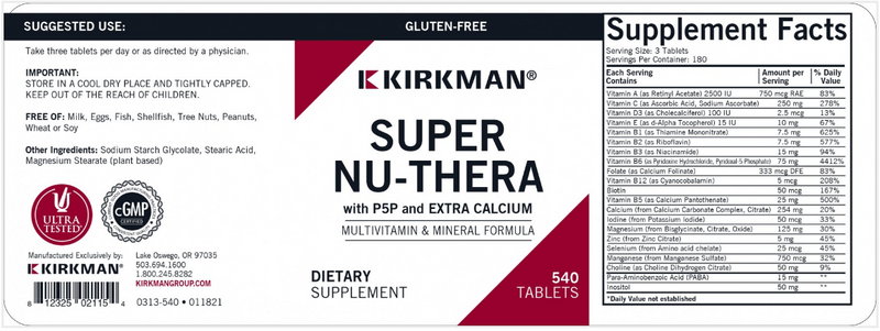 Super Nu-Thera with P5P and Extra Calcium (Kirkman Labs) Label