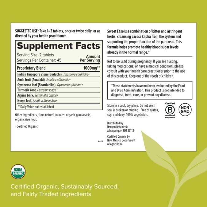 Sweet Ease 500 mg 90 tabs (Banyan Botanicals) Supplement Facts