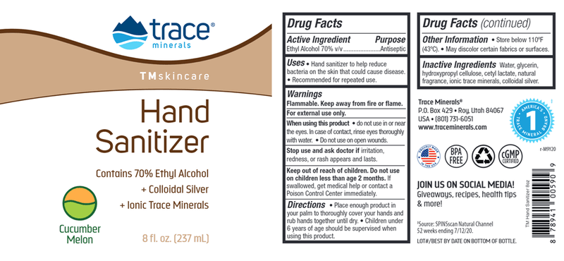 TMSkincare Hand Sanitizer 8oz Trace Minerals Research label