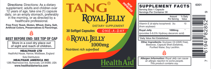 Tang Royal Jelly 1000 mg (Health Aid America) Label