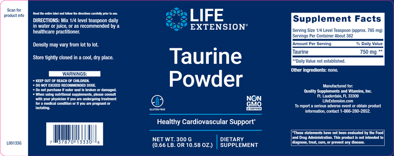 Taurine Powder (Life Extension) Label