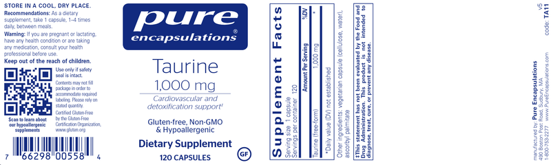 Taurine 1000 Mg. 120's (Pure Encapsulations) label