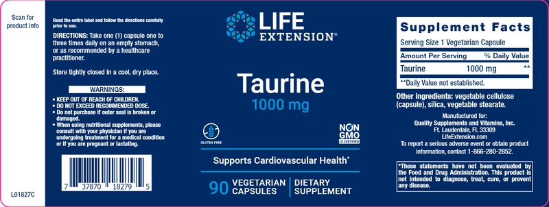 Taurine 1000 mg (Life Extension) Label