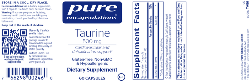 Taurine 500 Mg. 60's (Pure Encapsulations) label