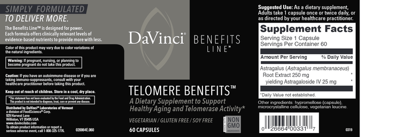 Telomere Benefits DaVinci Labs Label
