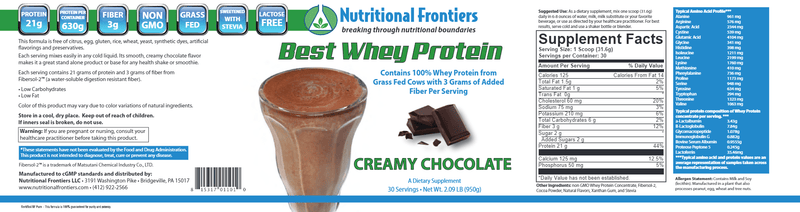 The Best Whey Chocolate (Nutritional Frontiers) Label