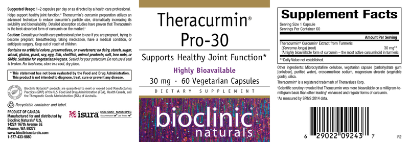 Theracurmin Pro-30 (Bioclinic Naturals) Label