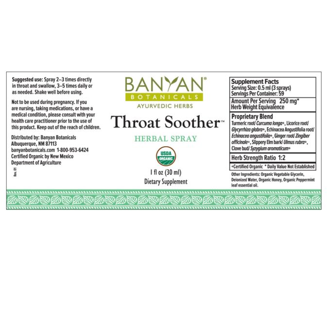 Throat Soother Spray Organic (Banyan Botanicals) Label