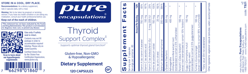 Thyroid Support Complex 120 caps (Pure Encapsulations) label