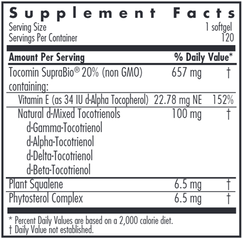 Tocomin SupraBio Tocotrienols 100 mg 120ct Allergy Research Group supplement facts
