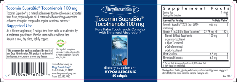 Tocomin SupraBio Tocotrienols 100 mg 60ct Allergy Research Group label