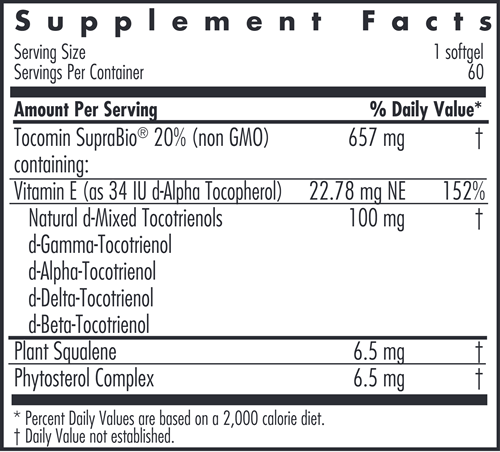 Tocomin SupraBio Tocotrienols 100 mg 60ct Allergy Research Group supplement facts