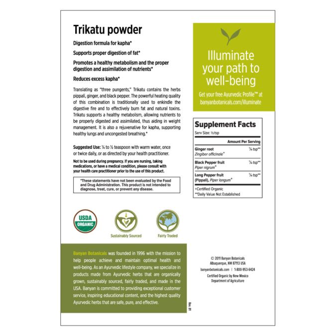 Trikatu Powder (Organic) (Banyan Botanicals) Label