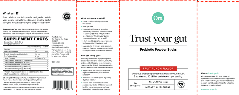 Trust Your Gut: Adult Probiotic Stick (Ora Organic) Label