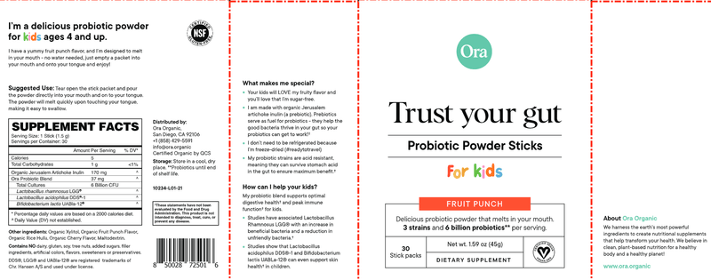 Trust Your Gut Kids Probiotic Stick - Fruit Punch Ora Organic label
