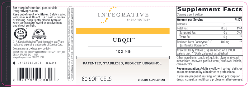 UBQH™ - 100 mg (Integrative Therapeutics) Label